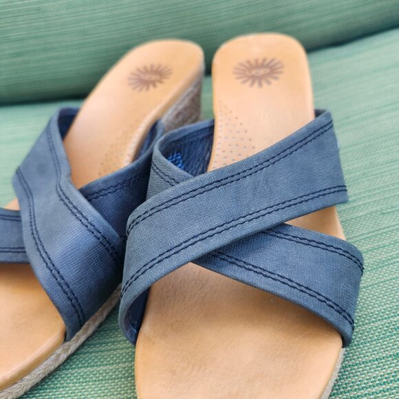 UGG Gwyn Espadrille Wedge Sandals Navy Women’s Size 7 cross leather straps - Picture 3 of 12